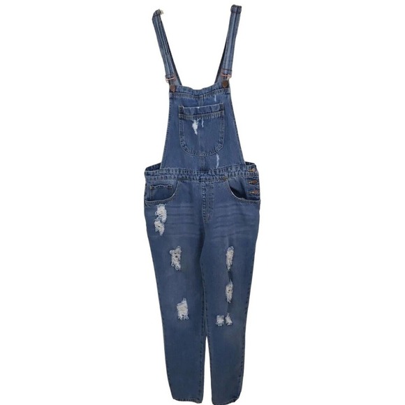 Forever 21 ~Woman Size 27 (4)~ Blue Denim Jeans Bib Overalls Cotton, Distressed. - Picture 7 of 11